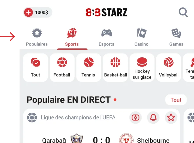 Appuyez sur l'onglet Sports 888starz Apk Cameroun