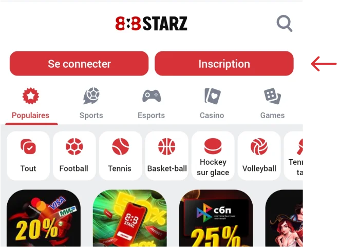 Cliquez sur le bouton rouge S'inscrire 888starz Apk Cameroun